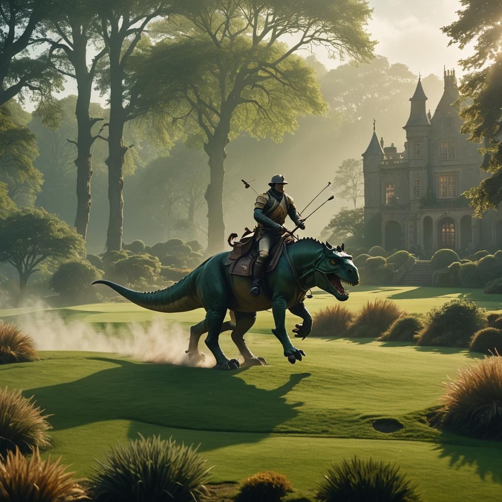 Cavalryman on T-Rex Playing Polo: 3D Fantasy Scene
