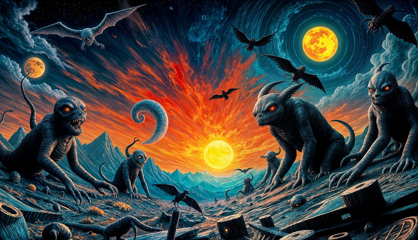 Surreal Dark Landscape with Flying Creatures