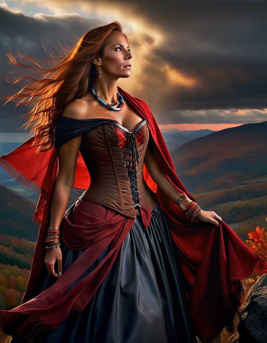 Woman on a Mountainous Dawn, in the Style of Chiaroscuro Oil...