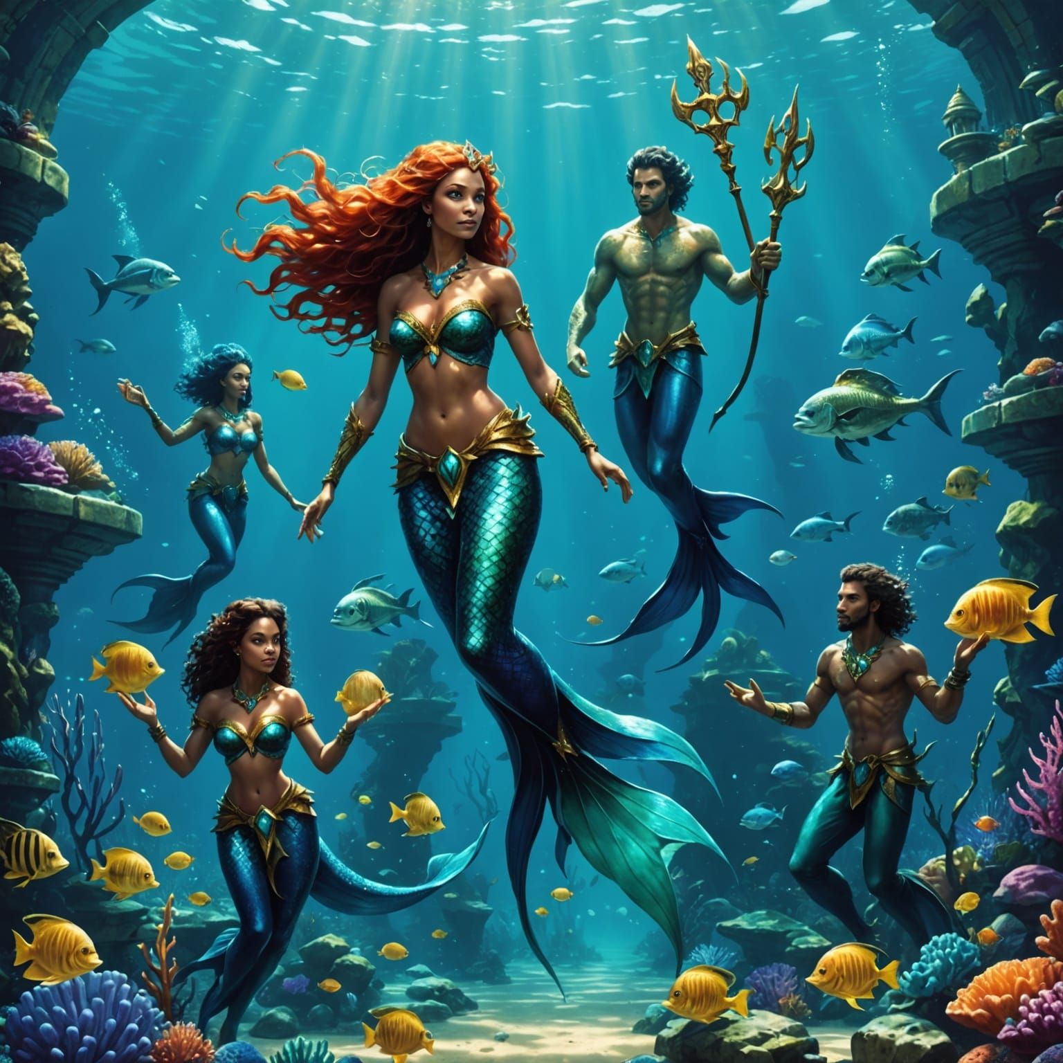 Mermaids in Ancient City Underwater