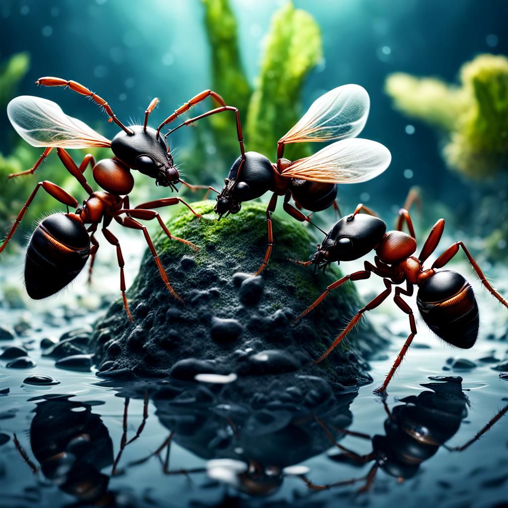 Ants Swimming with Oxygen Masks in Hyperrealistic Style