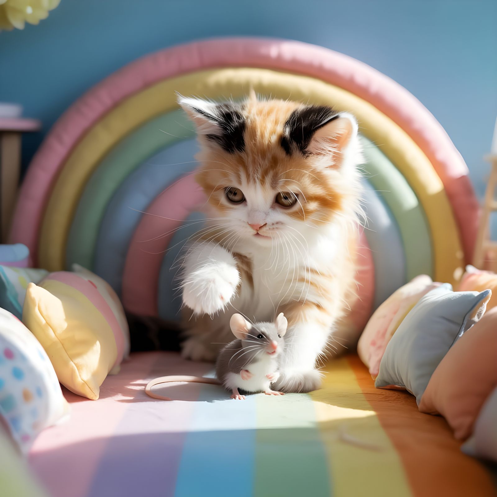 Playful Kitten and Mouse in a Rainbow Room
