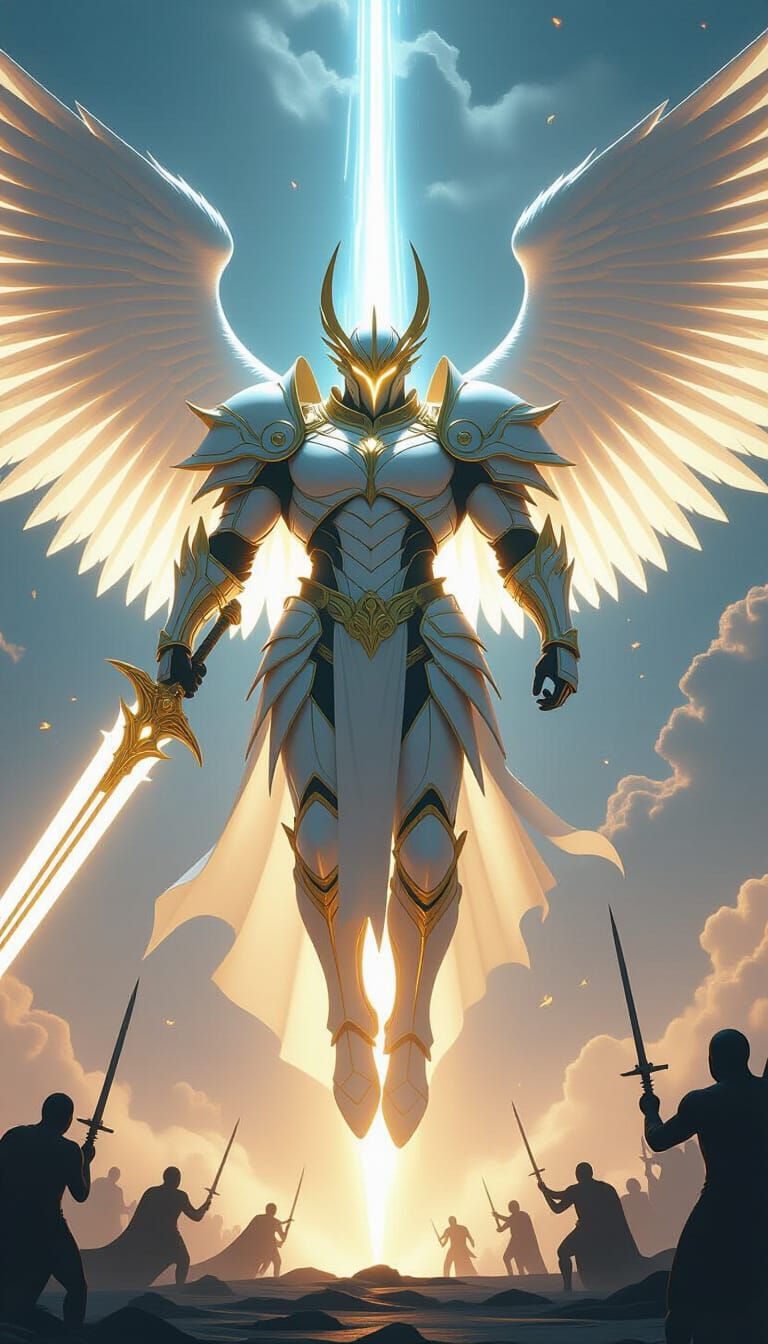 Angelic Descent: Armored Figures in Futuristic Battle