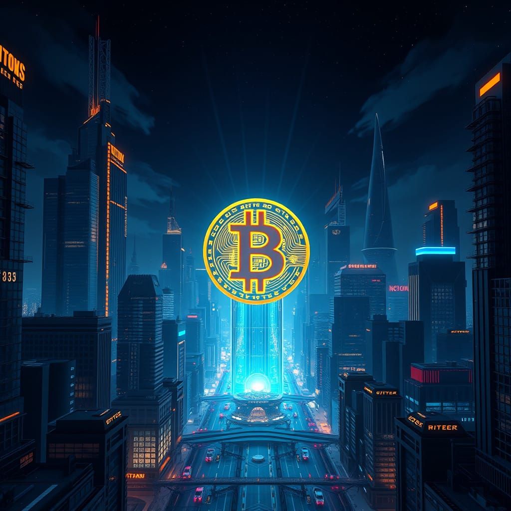 Surrealist Futuristic Cityscape with Bitcoin Hologram
