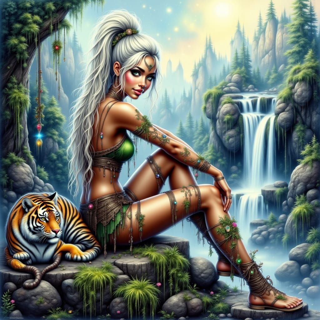 Whimsical Watercolor Portrait of an Elegant Amazonian Huntre...