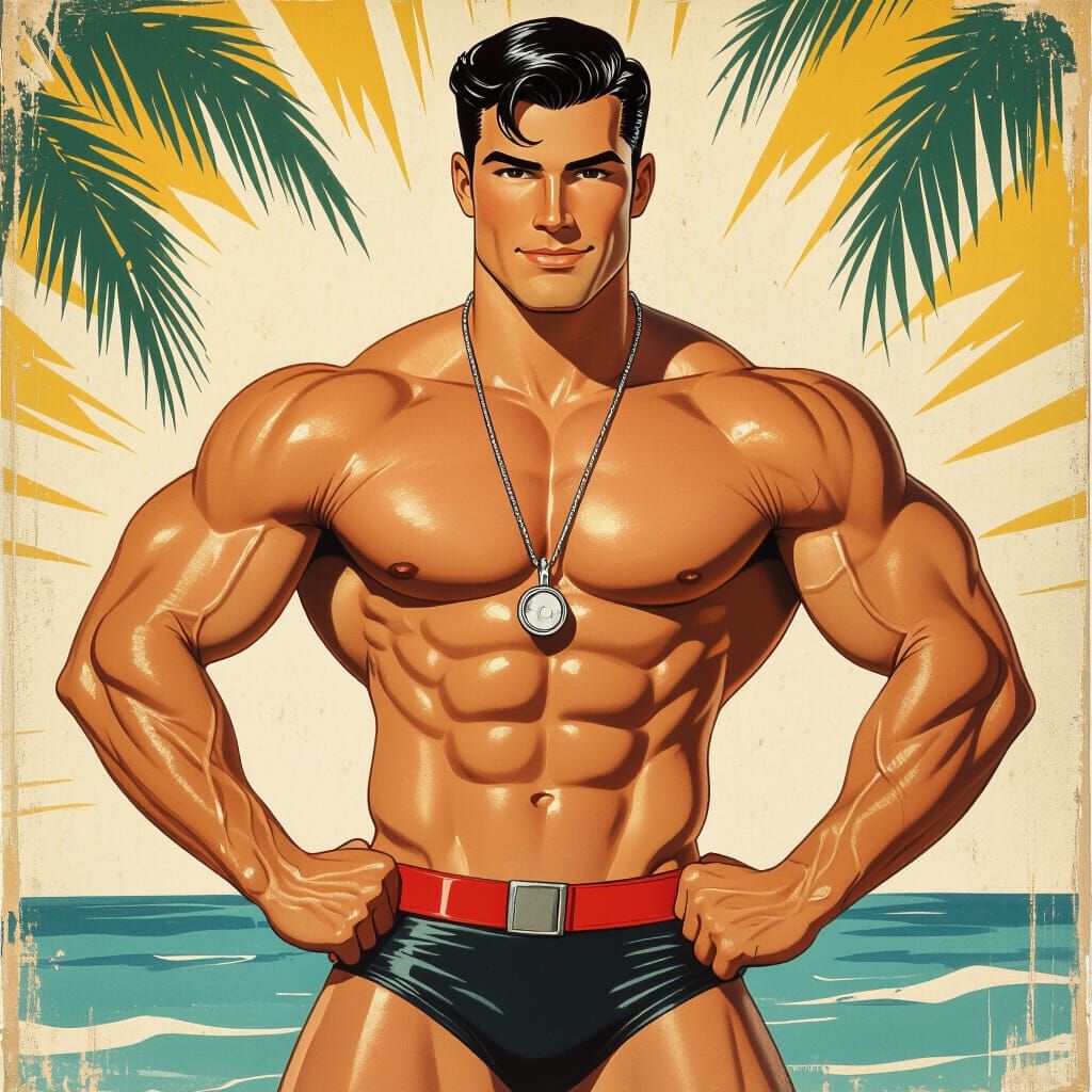 Lifeguard Posing in Vargas Pinup Style Illustration