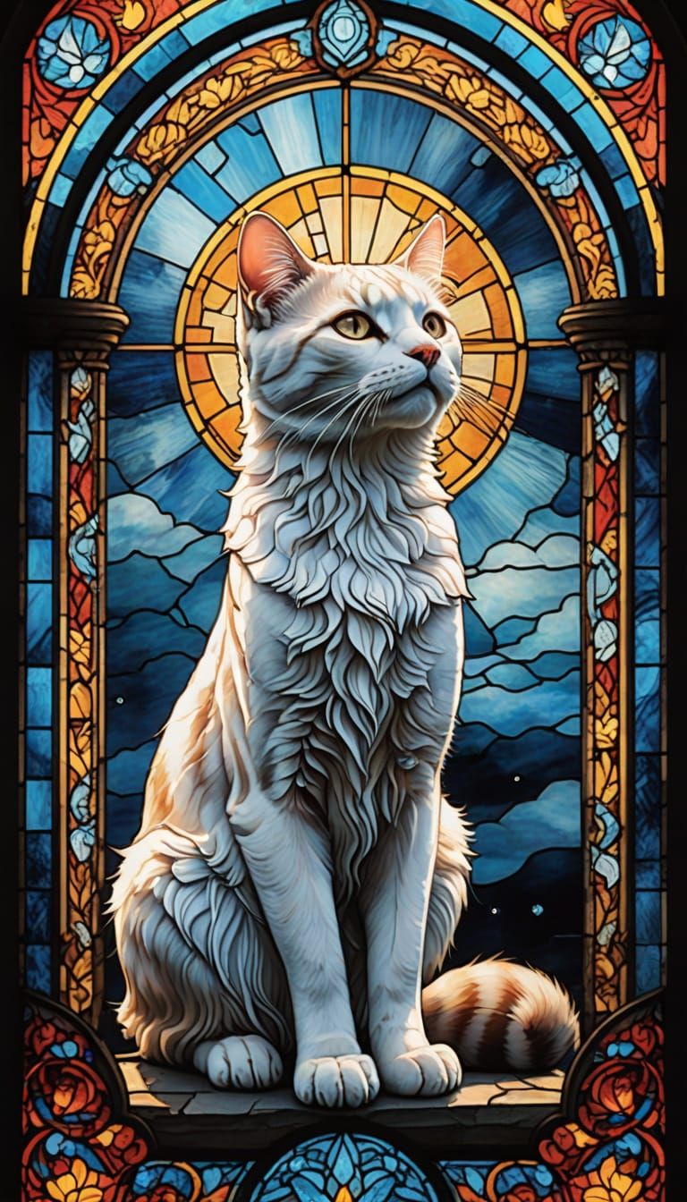 Angelic Cat Ascends to Heaven in Stained Glass Art