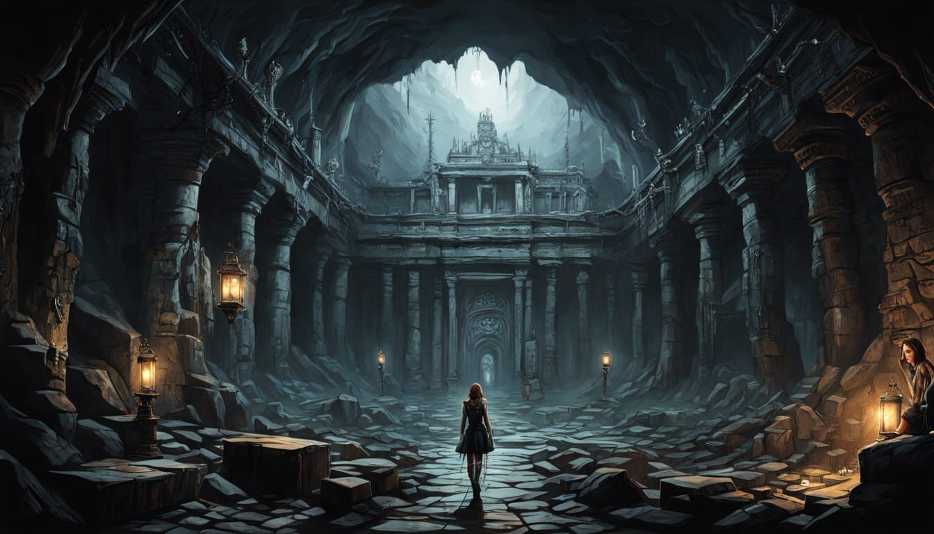 Cavernpunk Woman with Lantern in Gothic Cavern