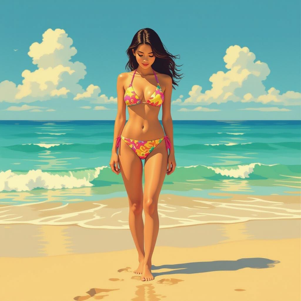 Woman in Colorful Bikini on Beach Gazes at Waves