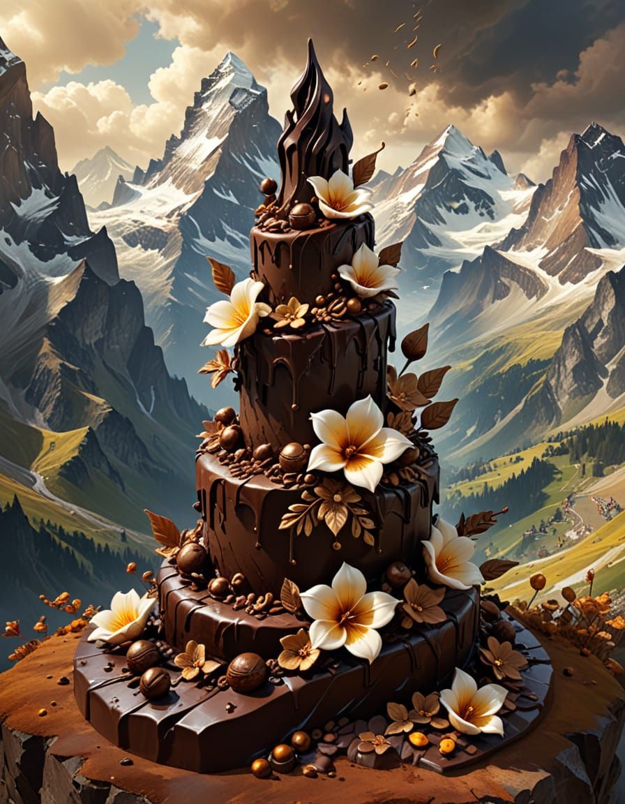 Surreal Chocolate Flowers in Swiss Alps Impasto Style