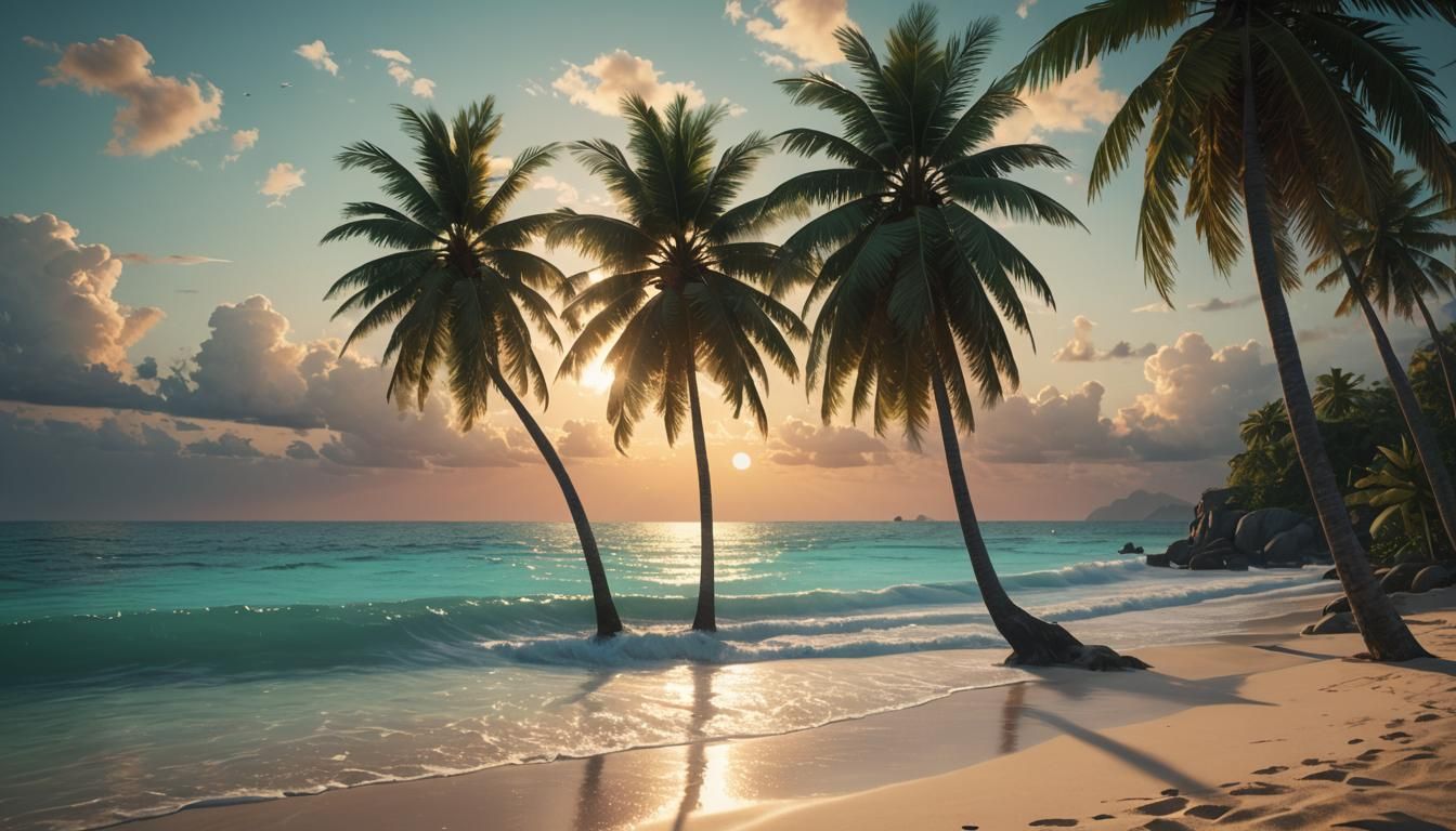 Tropical Beach Sunset with Two Suns