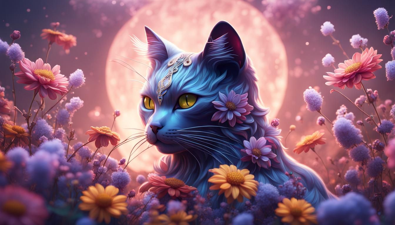 Floral Celestial Kawaii Cat in Detailed Digital Art