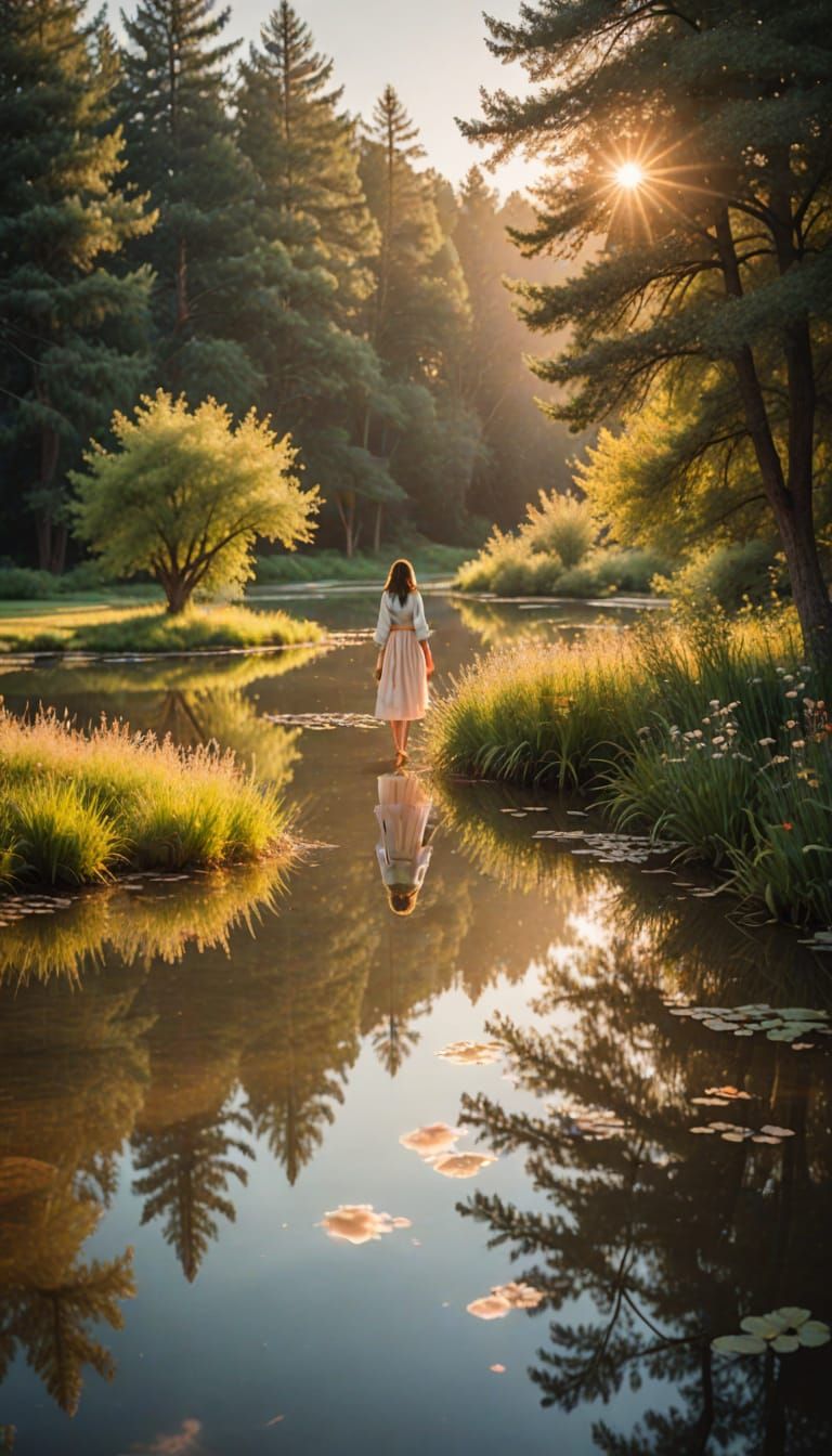 Hiking Trail Pond Reflects Sunset in Soft Focus