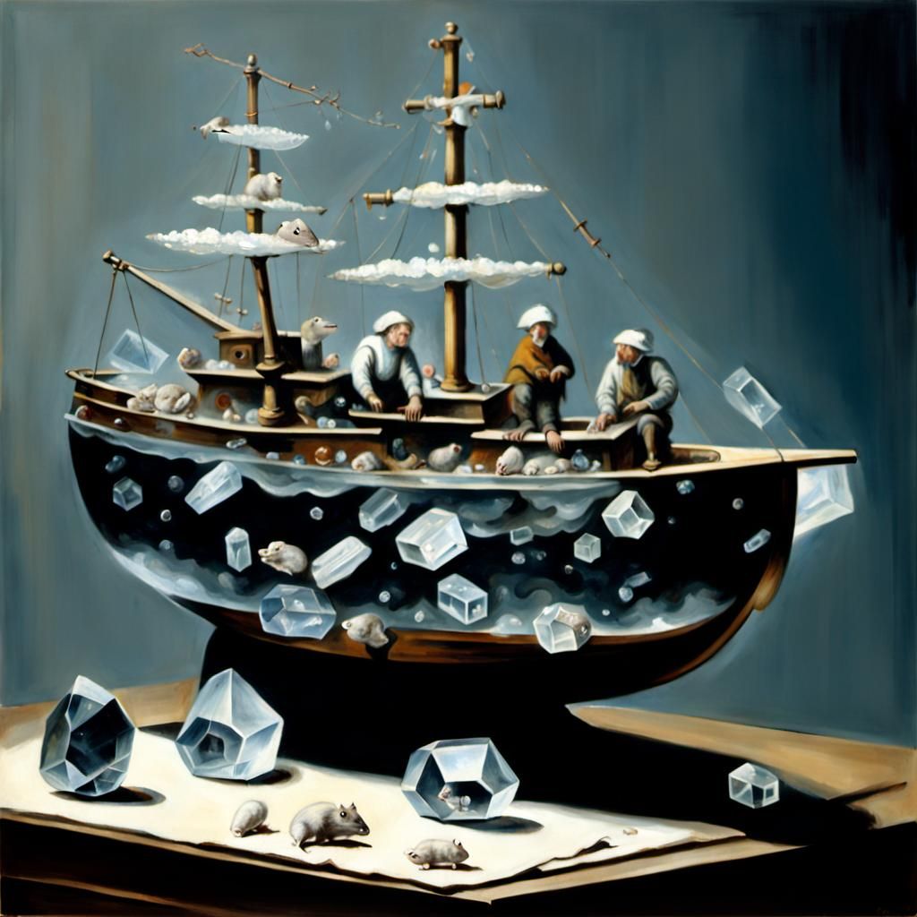Crystal Ship with Mice and Rats in Still Life Style