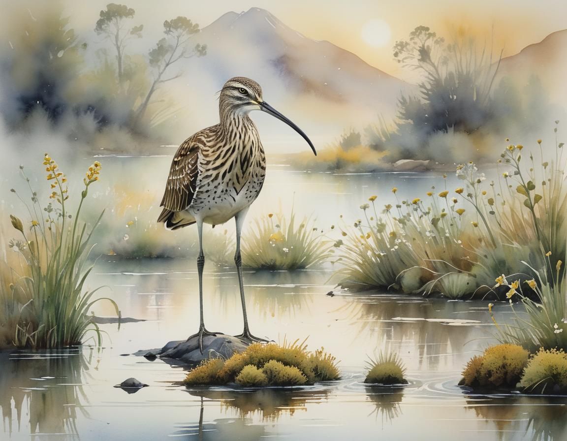 Curlew in Lake with Crowfoot: Impressionistic Watercolor