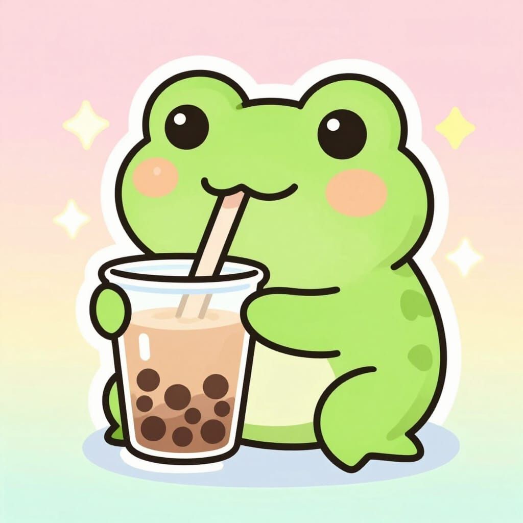Cute Frog Sipping Bubble Tea in Kawaii Sticker Style