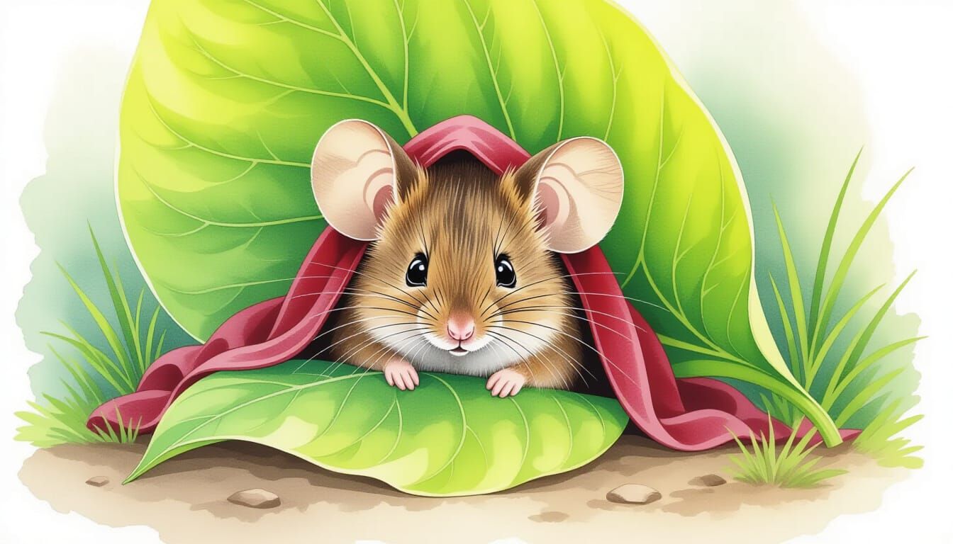 Shy Mouse Hiding Under Leaf in Watercolor Style