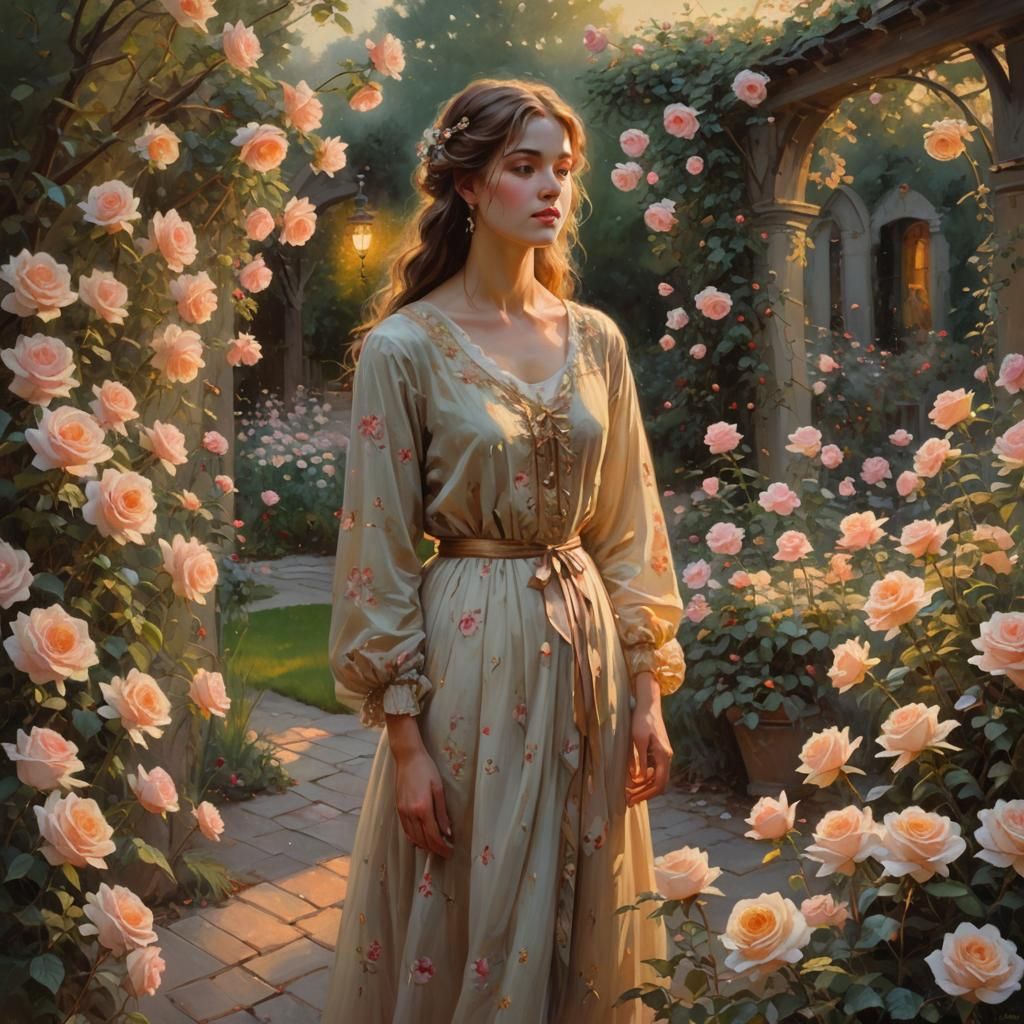 Romantic Rose Garden Painting in Impressionist Style
