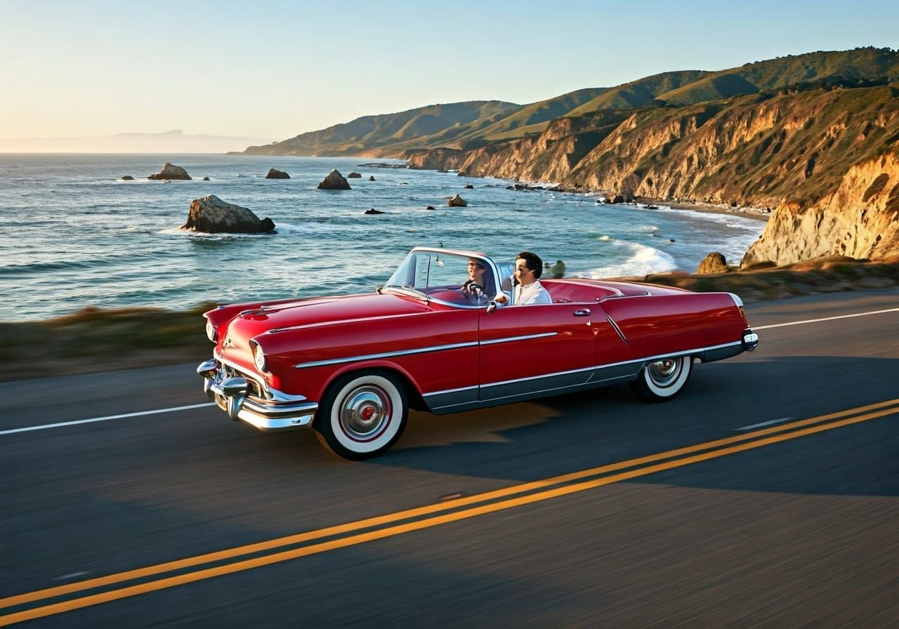 Elegant Couple Cruises California Coast in Vintage Convertib...
