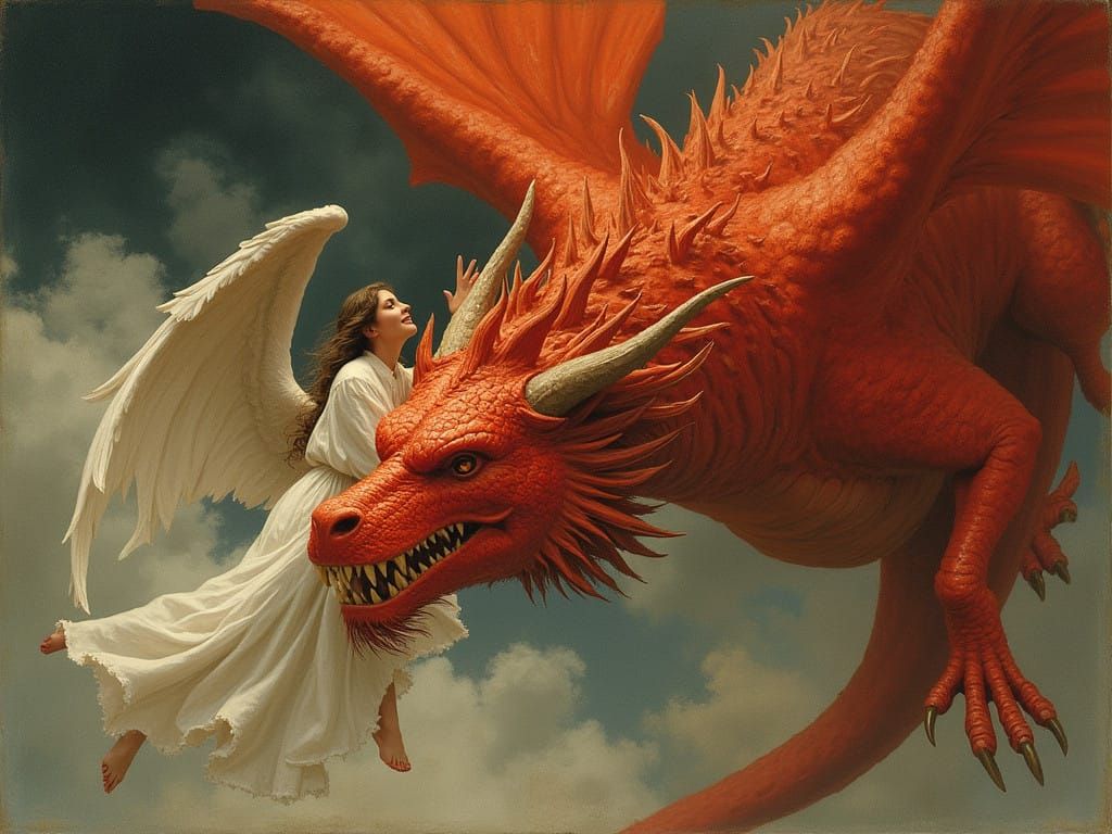 Ethereal Angel Battles a Majestic Red Dragon in a Fairytale....
