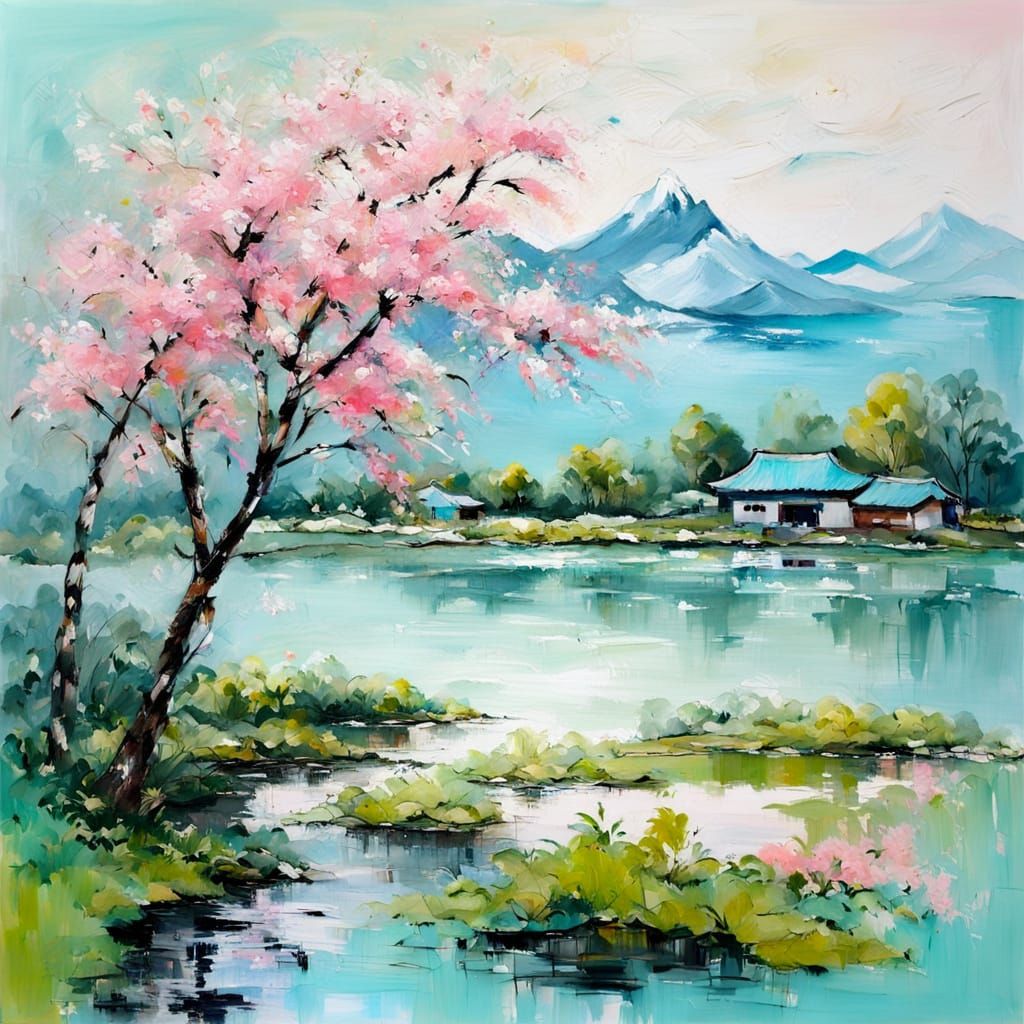 Spring Landscape in Ancient Chinese Style with Acrylic Textu...