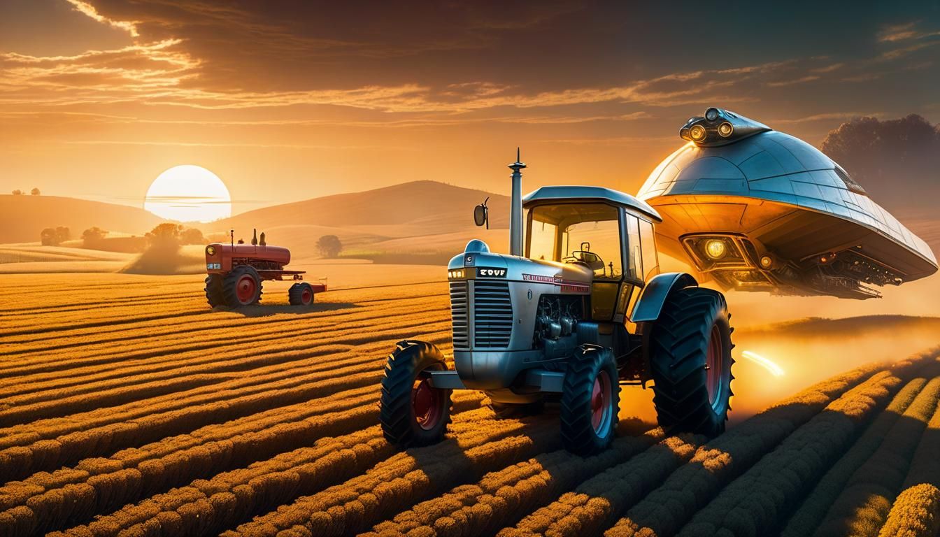 Retro-Futuristic Tractor Tows Starship in Golden Light