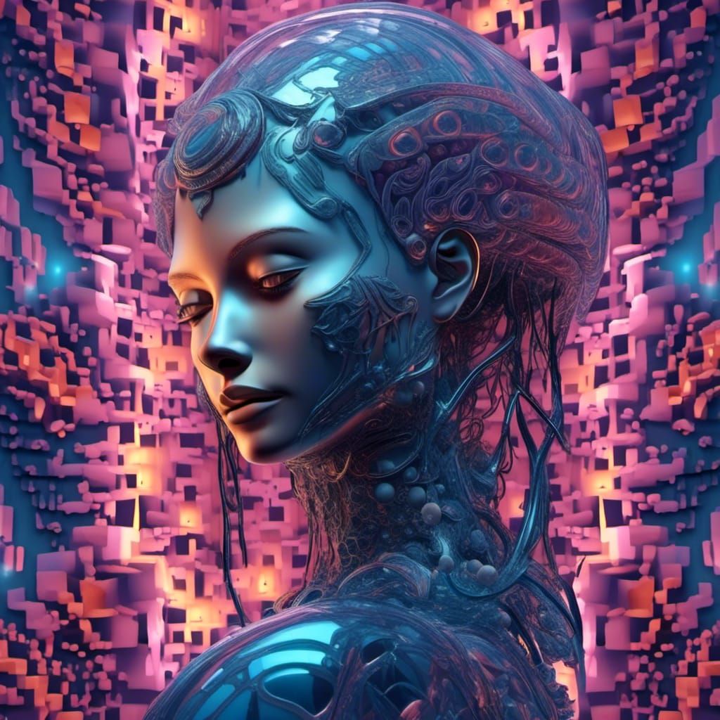 Bioluminescent Raven Merged with Humanoid Tech in 3D