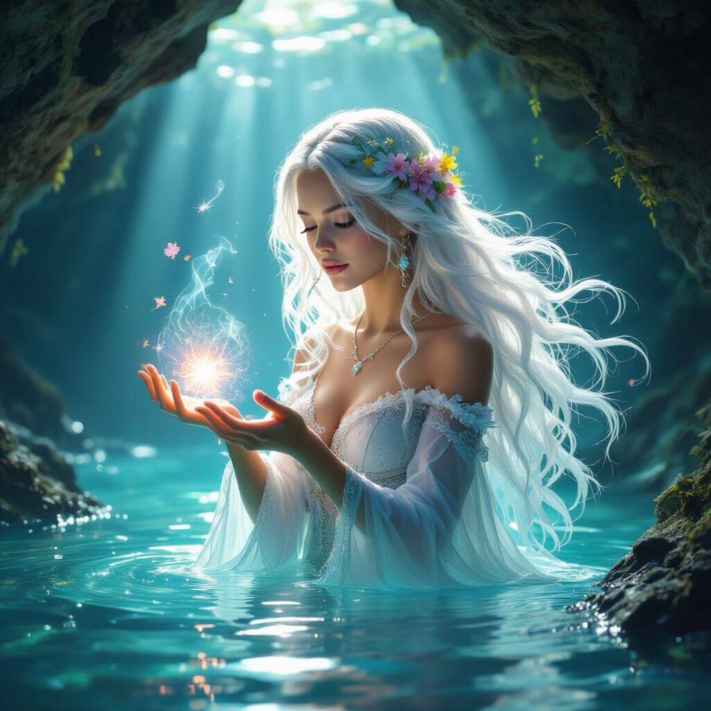 Bioluminescent Sorceress Conjuring Spell in Ocean Grotto