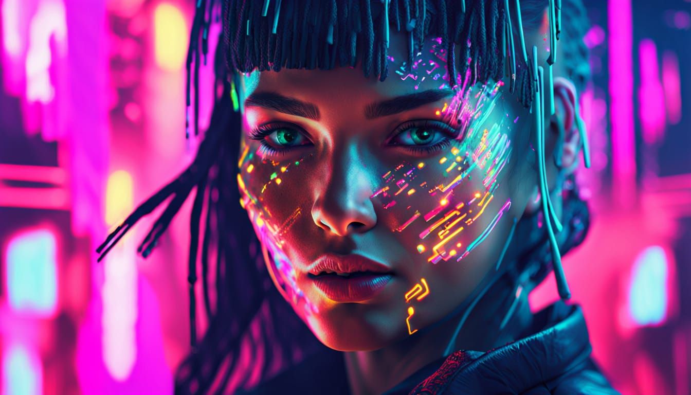 Neon Cyberpunk Portrait: Glitch Art in Digital Noise
