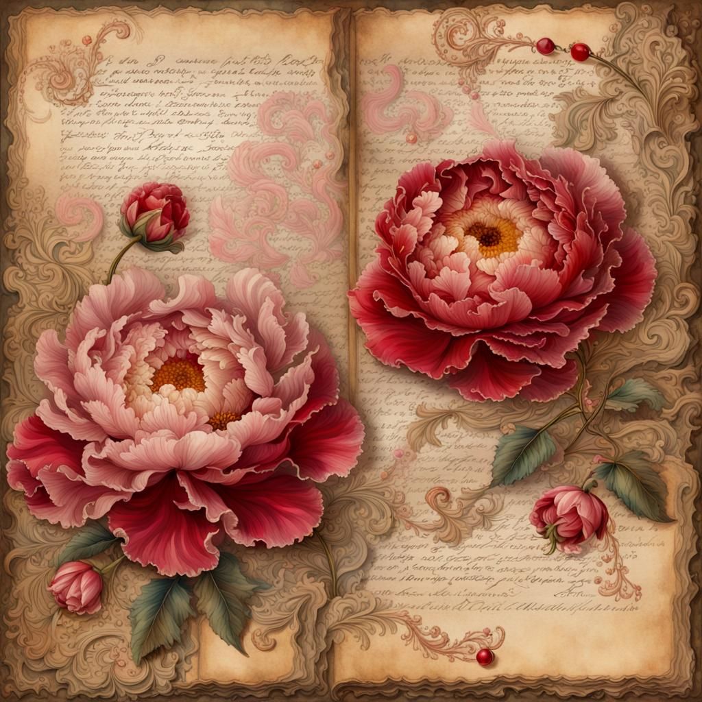 Vintage Journal Page with Peonies and Rococo Frame