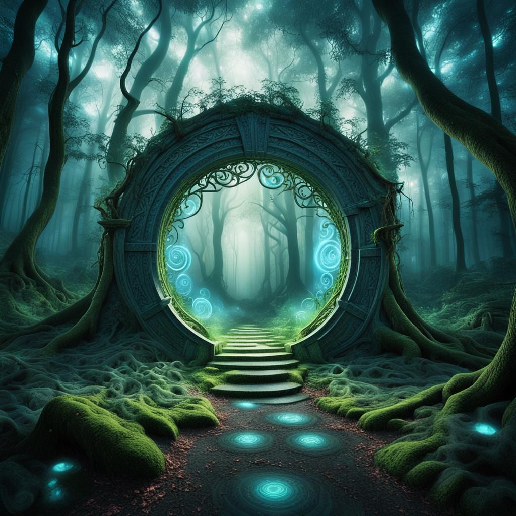 Mystical Portal in Misty Forest: Surreal Dreamscape