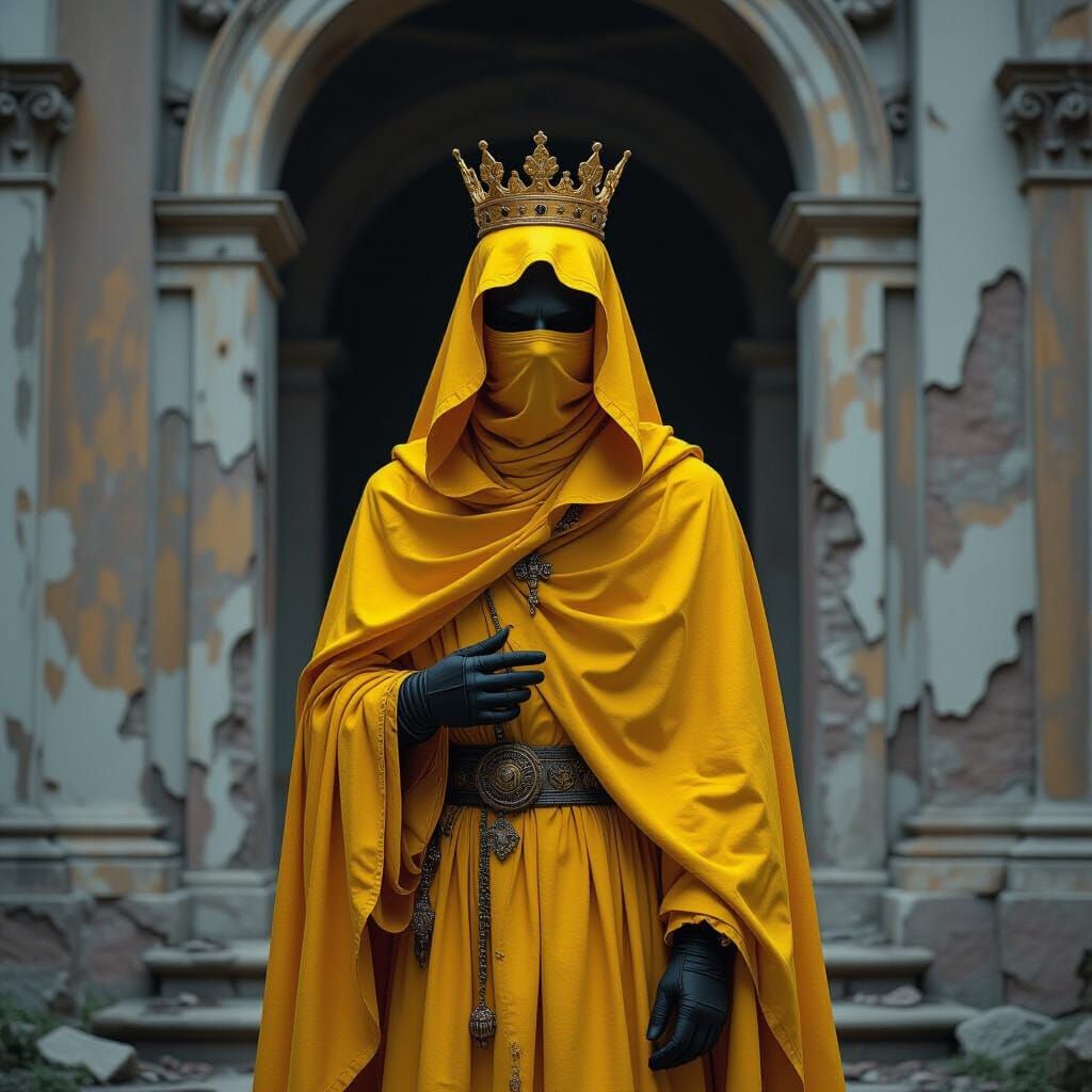 Crowned King in Yellow Tatters in Crumbling Palace