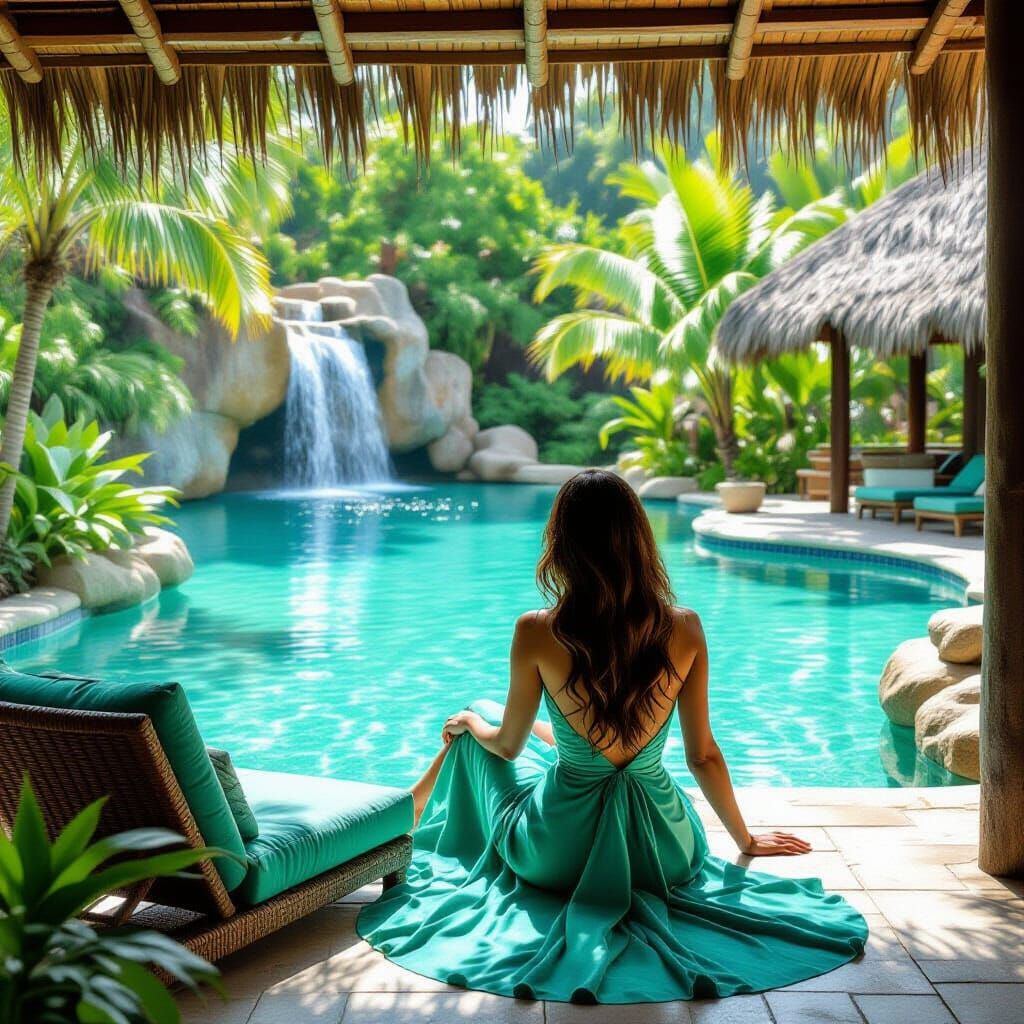 Woman in Green Dress in Tropical Paradise Bungalow