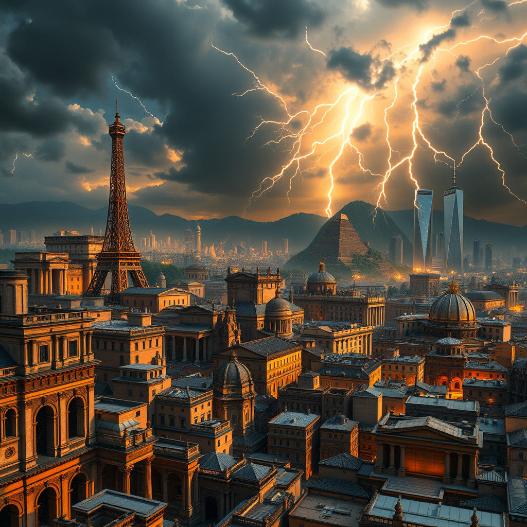 Roman Metropolis with World Landmarks in Dreamlike Style