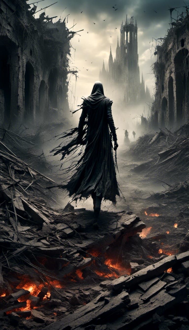 Mysterious Figure in Grimdark Ruined Cityscape