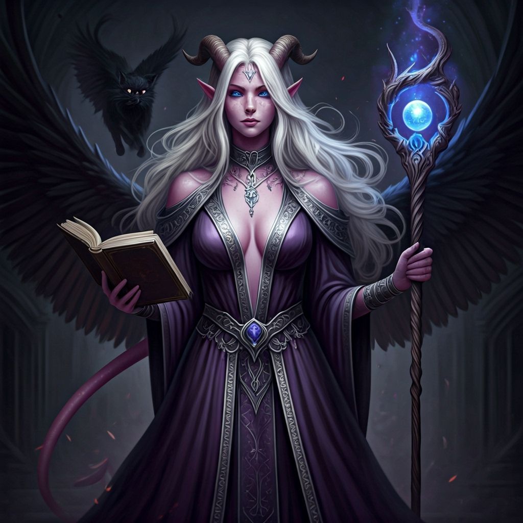Tiefling Sorceress with Spellbook and Staff