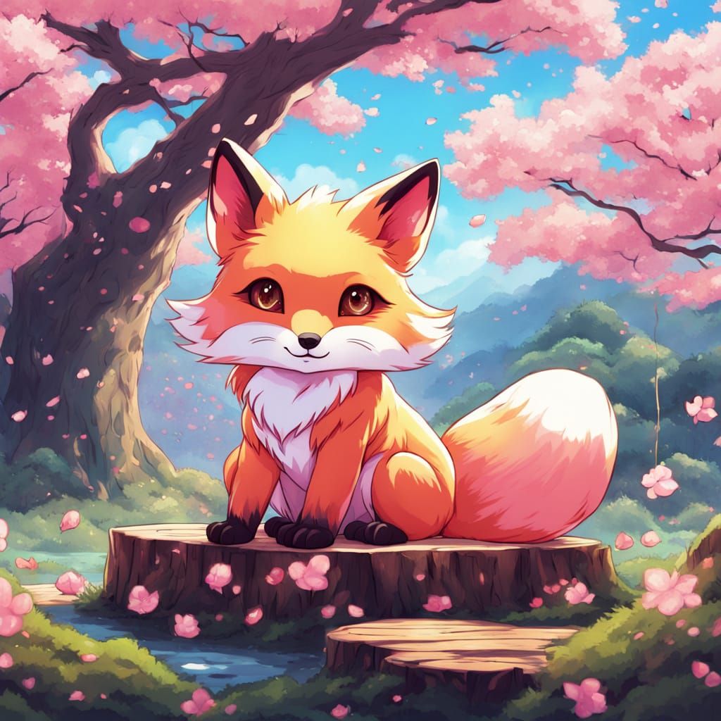 Vibrant Pink Fox Surrounded by Cherry Blossoms in Whimsical ...