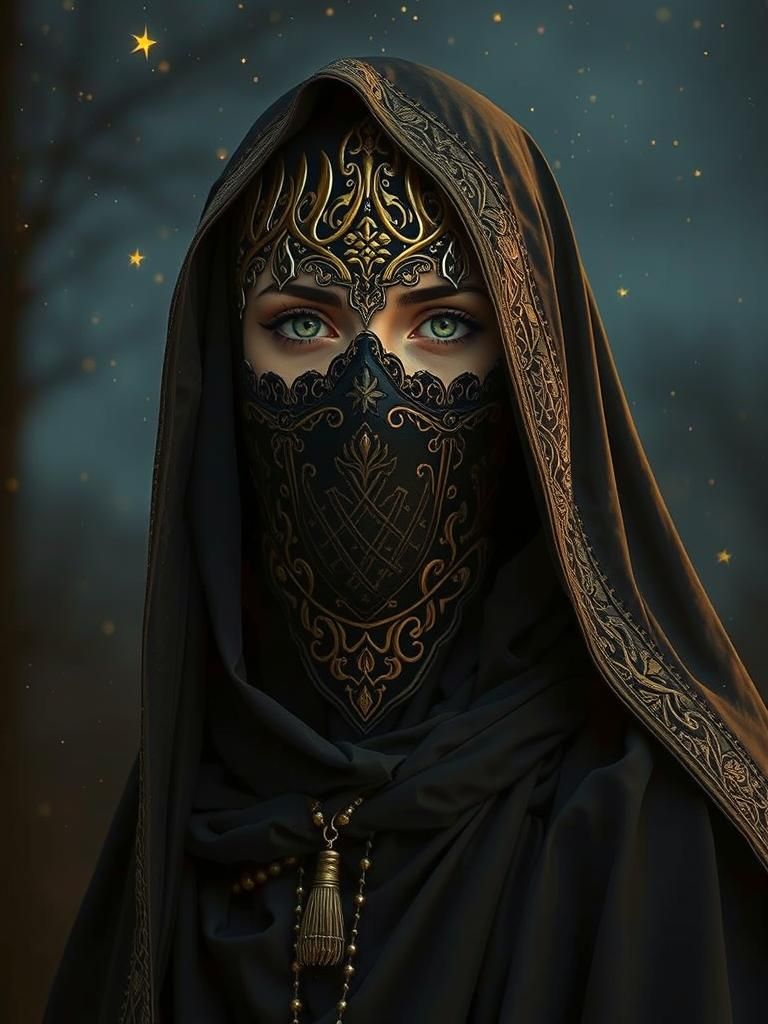 Gothic Fantasy Priestess in Golden Niqab, Oil Painting