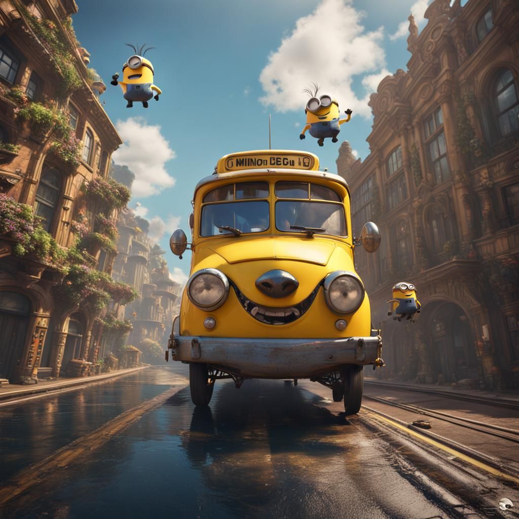 Minion Bus Flies in Fantasy Concept Art