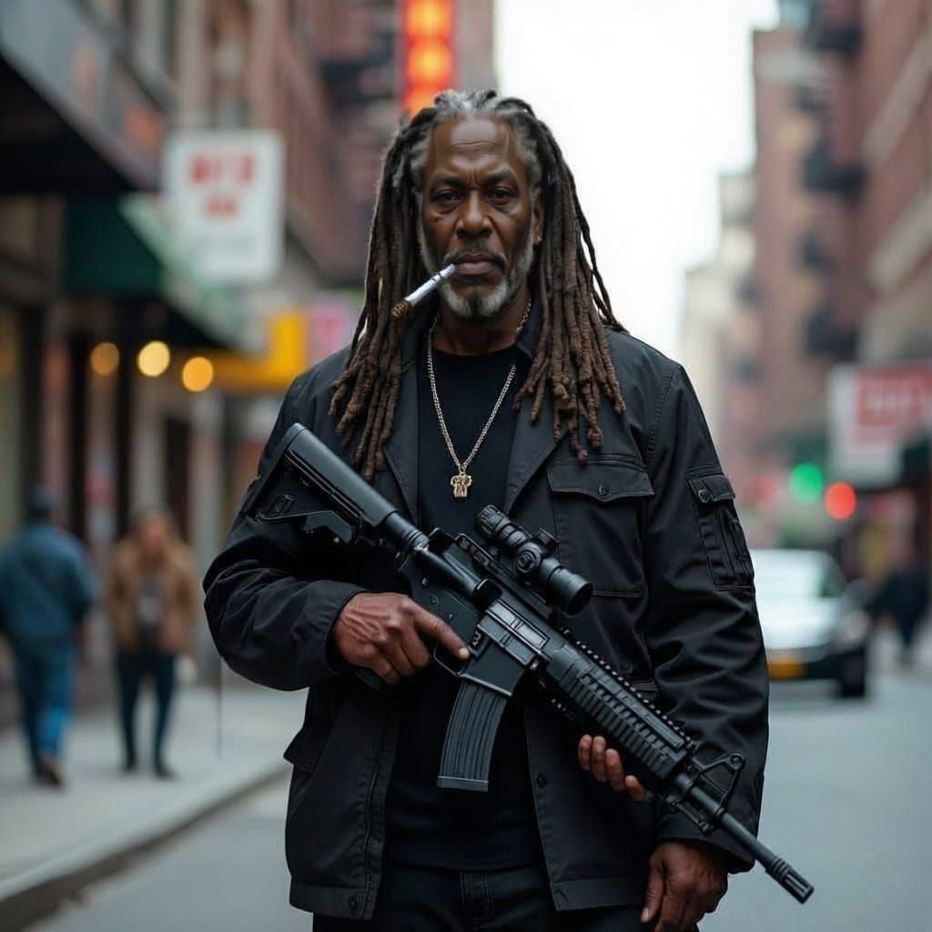 Man with Gray Dreadlocks and Pitbull in NYC Holding AK-47