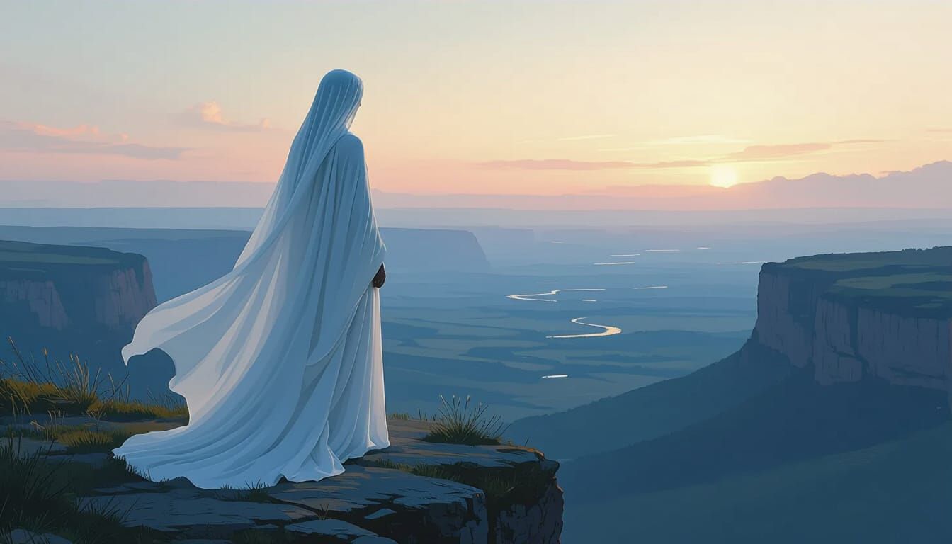 Serene Goddess Overlooking Valley in Cinematic Style