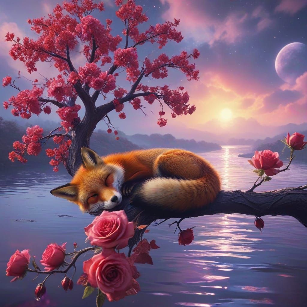 Vibrant Fox Surrounded by a Colorful Tree of Life