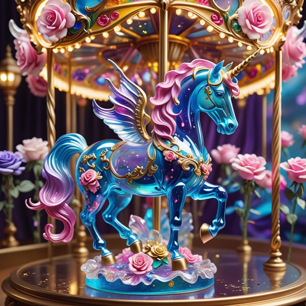 Iridescent Glass Unicorn on Art Nouveau Carousel