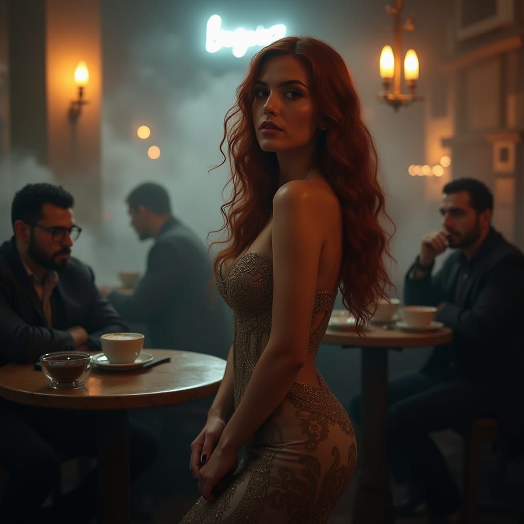 Lebanese Woman in Smoky Beirut Cafe, Dark Fantasy Art