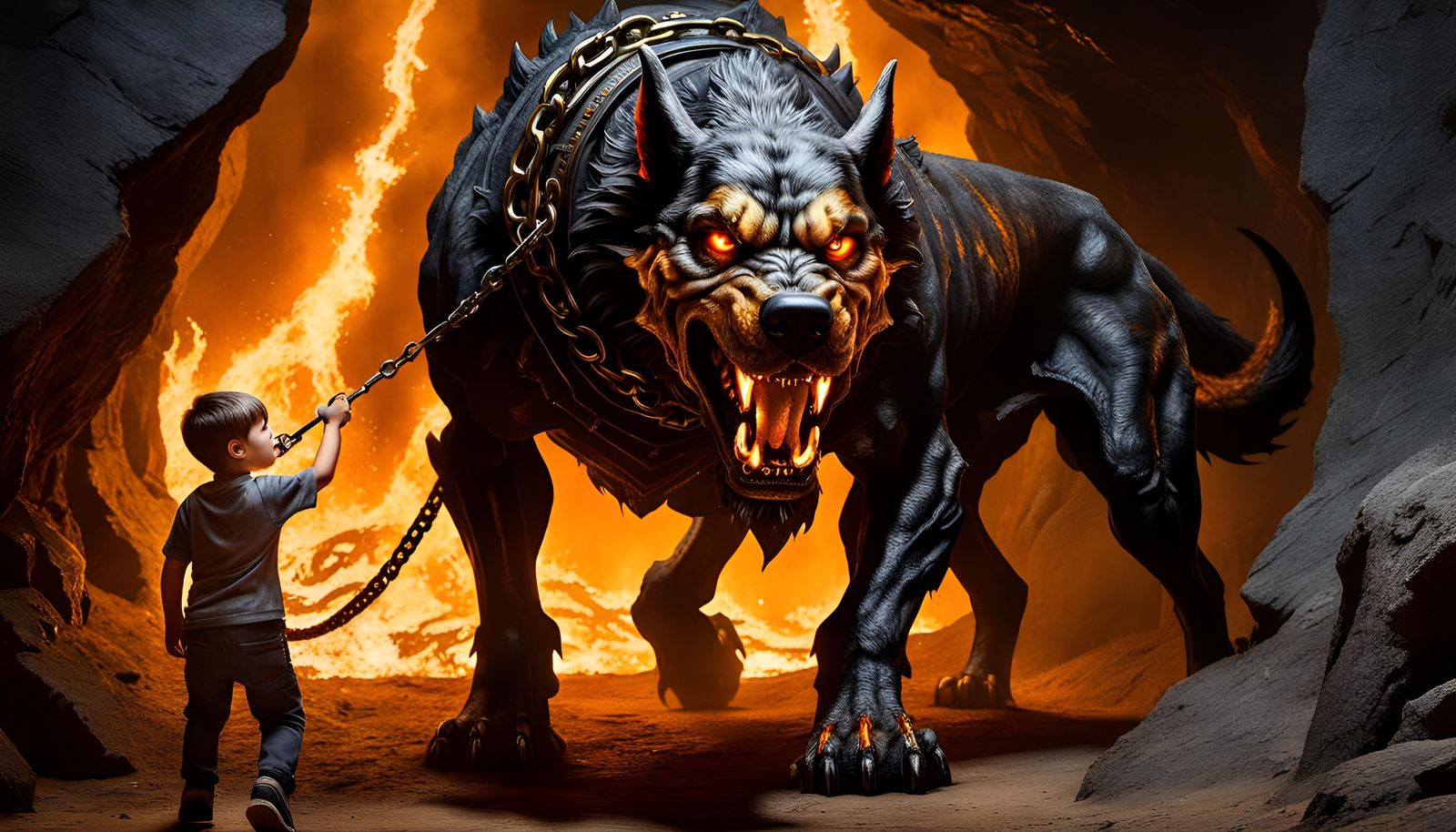 Boy Leads Cerberus in Cave, Craquelure Painting