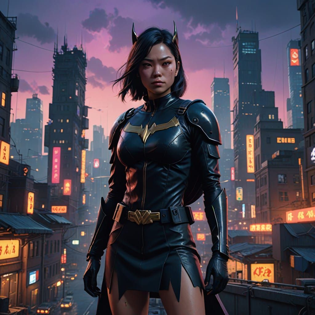 Fantastical Batwoman in Gotham City, in Cyberpunk Style