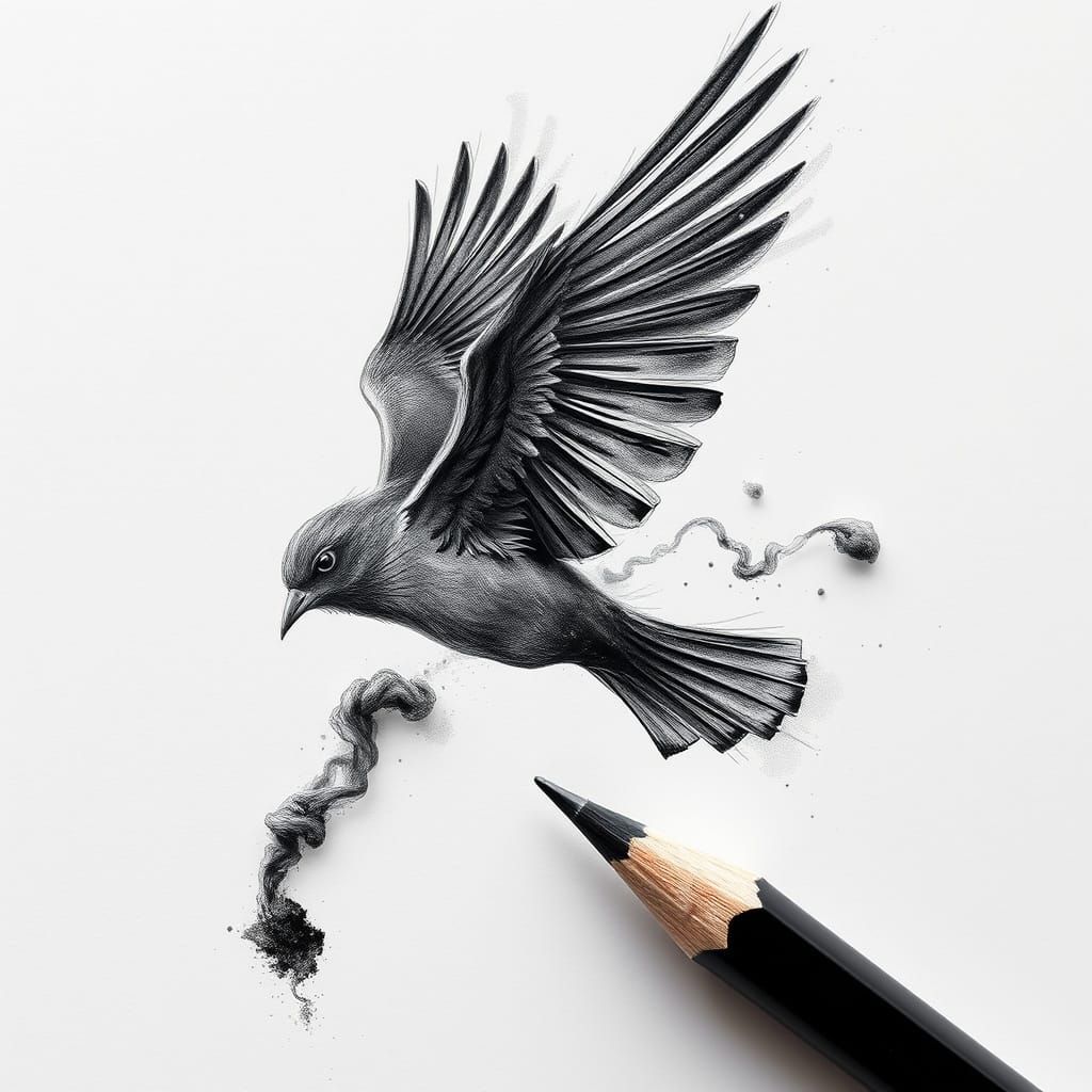 Charcoal Pencil Sketch Transforms Into Bird in Flight