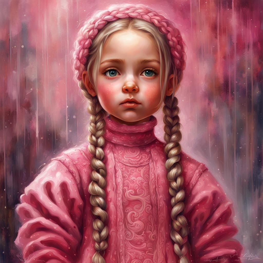 Pink Braided Doll in Vivid Oil Painting Style
