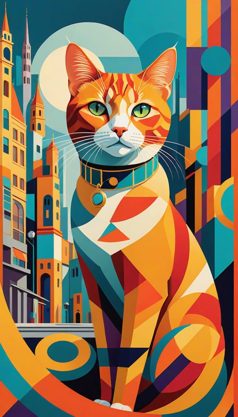 Vibrant City Cat in Art Nouveau Splendor