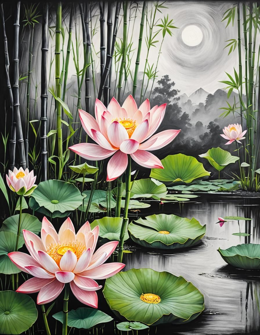 Minimalist Chalk Drawing: Surreal Landscape with Bamboo